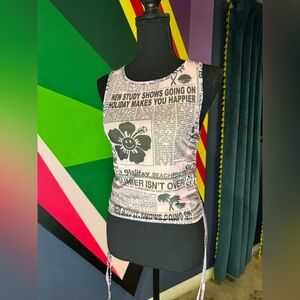 Emma Mulholland on holiday good news print mesh ruched side tank top